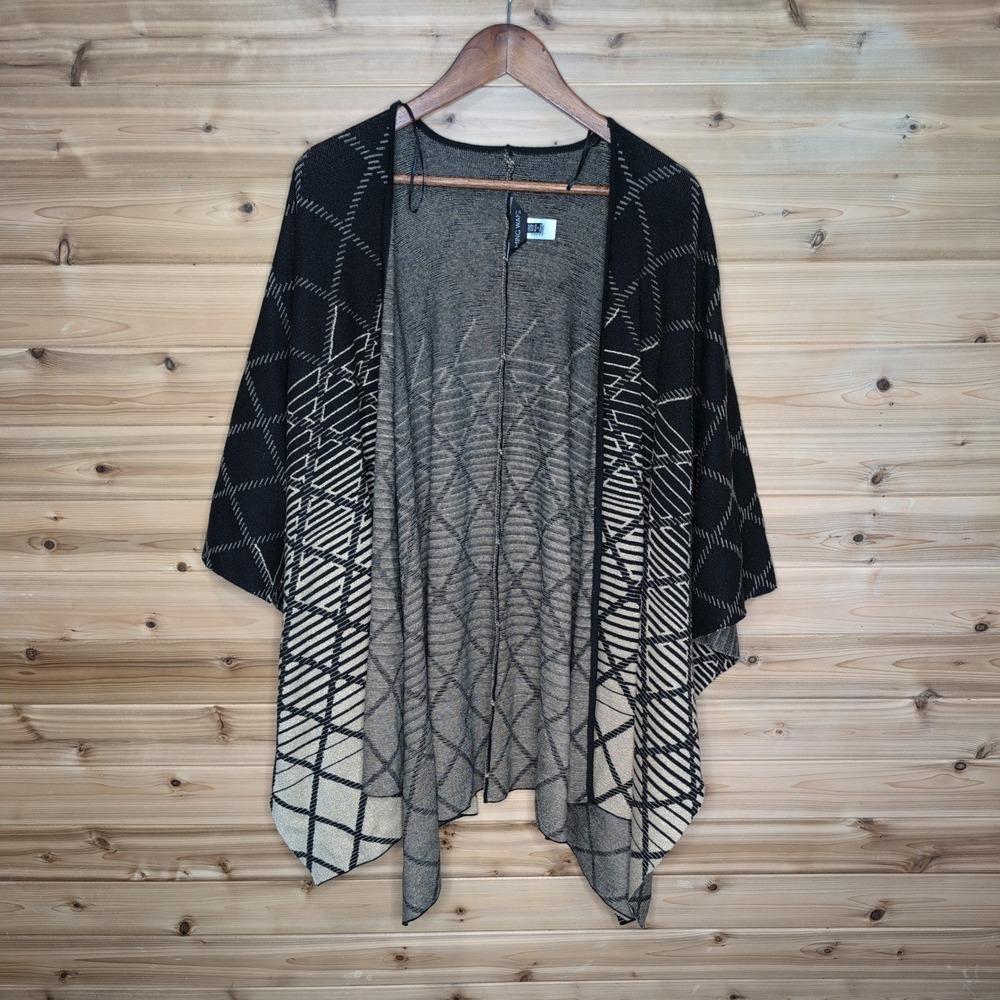 Ming Wang Black Gold Metallic Geometric Knit Open Front‎ Wrap Cardigan One Size